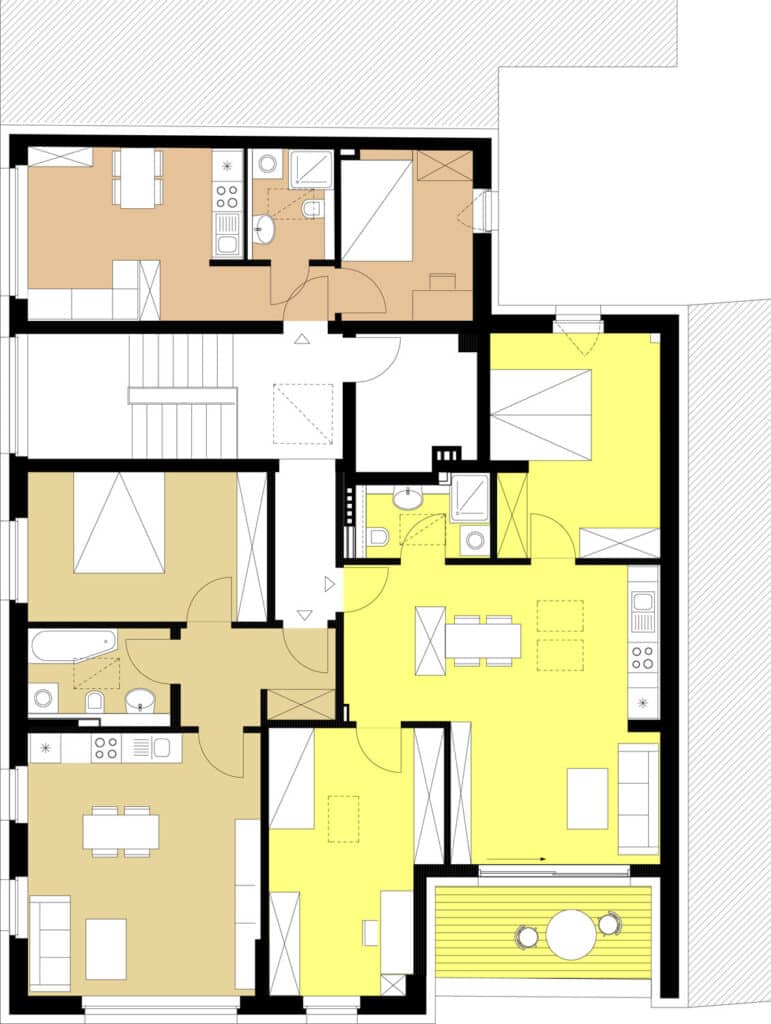 Grundriss einer Wohnung mit gelb markiertem Bereich