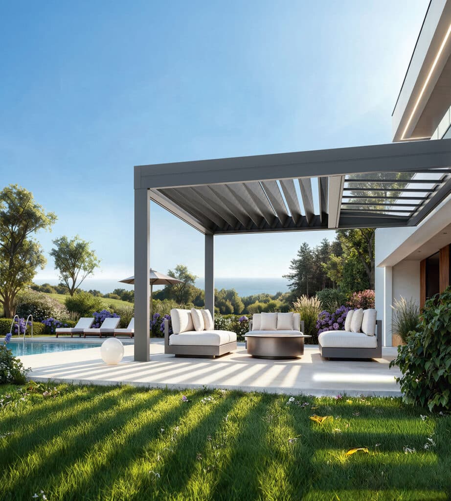 Moderne Terrasse mit Pergola, Pool und Meerblick